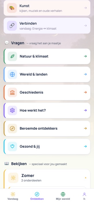Ontdekken-tab: Verbinden (Energie ↔ klimaat) en Vragen-kaarten zoals Natuur & klimaat, Geschiedenis, Hoe werkt het?