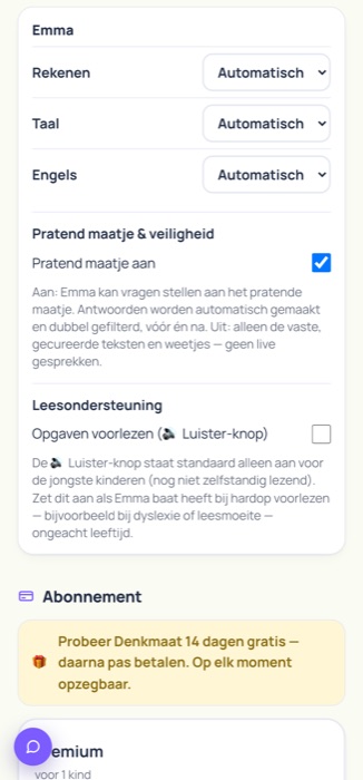Echt instellingenscherm: 'Pratend maatje aan' aan/uit-schuifje voor Emma, met uitleg