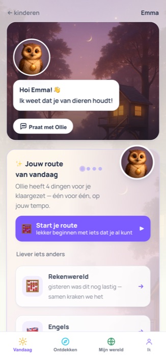Vandaag-scherm: Ollie zegt 'Ik weet dat je van dieren houdt' en toont de route van vandaag